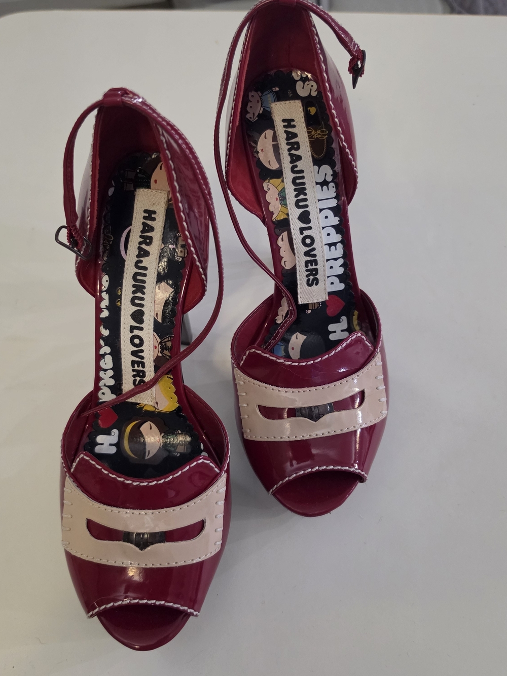 Harajuku Lovers Patent Pink and Cream Peep-Toe Ankle Strap Heels